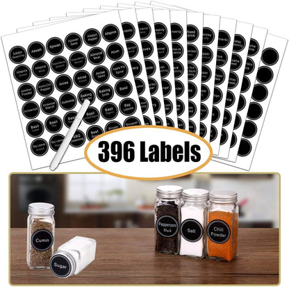 Spice Rack Organizer with 32 Glass Spice Jars, 396 Spice Labels, Chalk Marker and Funnel Complete Set, for Cabinet, Countertop, Cupboard or Wall Mount, Black